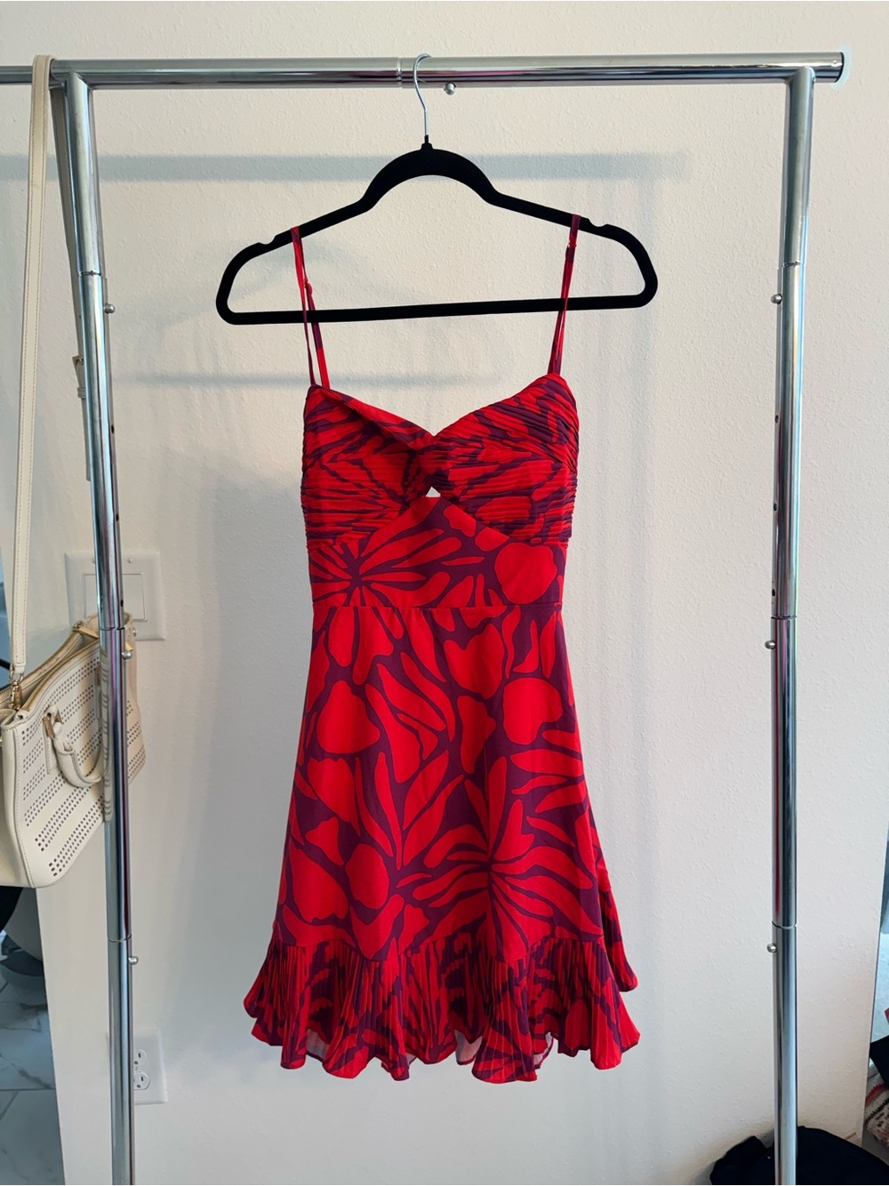 Red Floral Twist-Front Mini Dress with Spaghetti Straps